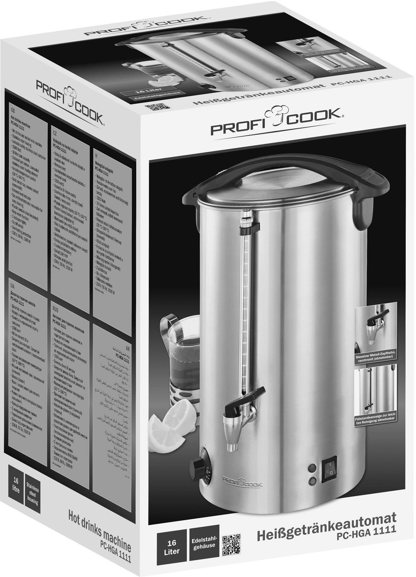 Verpackung eines Heißgetränkeautomaten mit 16 Litern Fassungsvermögen, aus Edelstahl, Marke 'Profi Cook', Modell PC-HGA 1111.