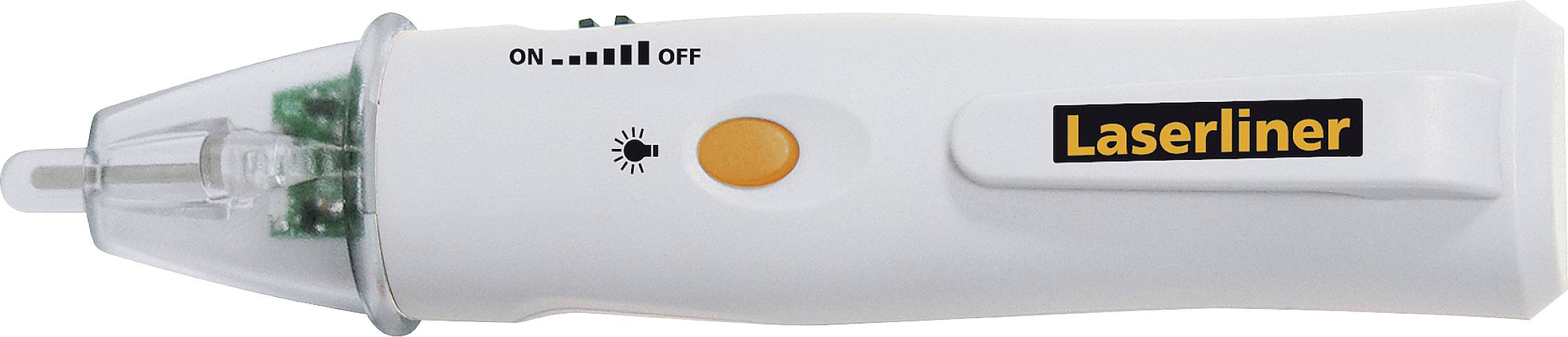 Handlicher Spannungsprüfer in Weiß, mit einem LED-Licht zur Spannungsanzeige und Aufschrift 'Laserliner'.