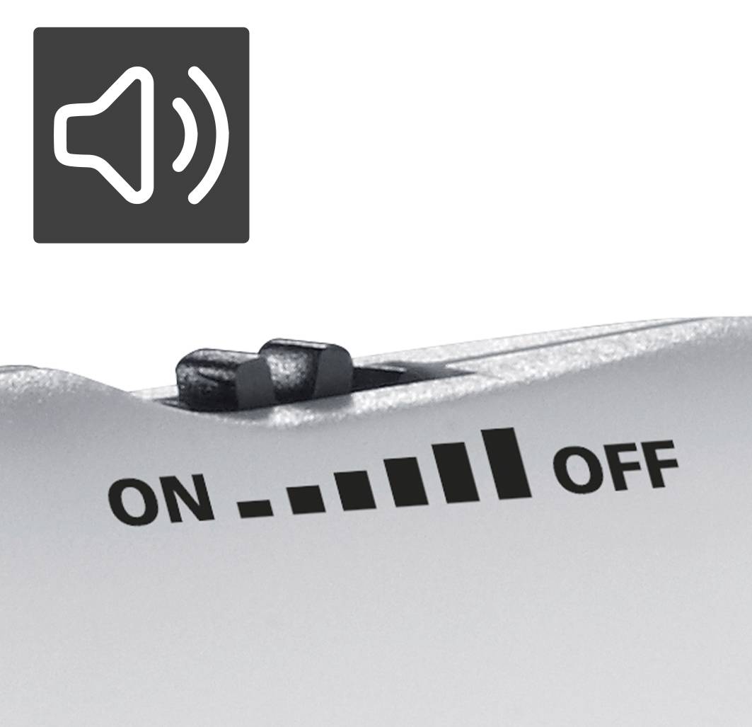 Lautsprecher-Symbol mit Lautstärkeregler zwischen 'On' und 'Off', ansteigende Balken zeigen zunehmende Lautstärke.