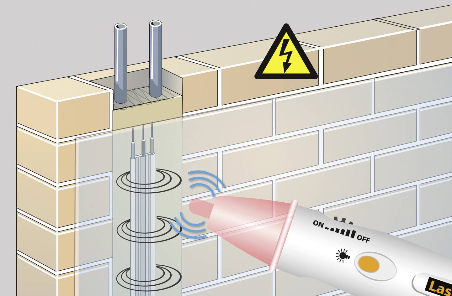 Ein Spannungsprüfer zeigt Stromdrähte in einer Mauer an, symbolisiert durch Wellensymbole und ein Warnzeichen für elektrische Spannung.