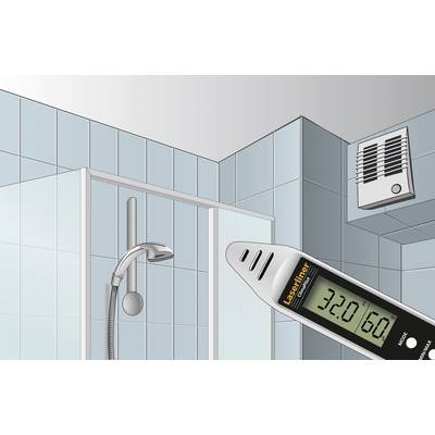 'Illustration eines Badezimmers mit Duschkopf und Thermometer mit Anzeige 32,0°C. Eine Heizung hängt an der Wand darüber.'