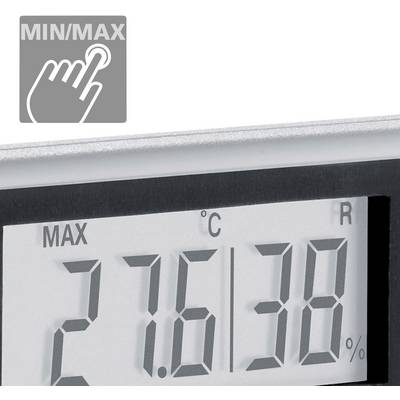 Digitalthermometer zeigt 27,6 Grad Celsius und 38 Prozent Luftfeuchtigkeit. Oben links Symbol für Min/Max-Taste.