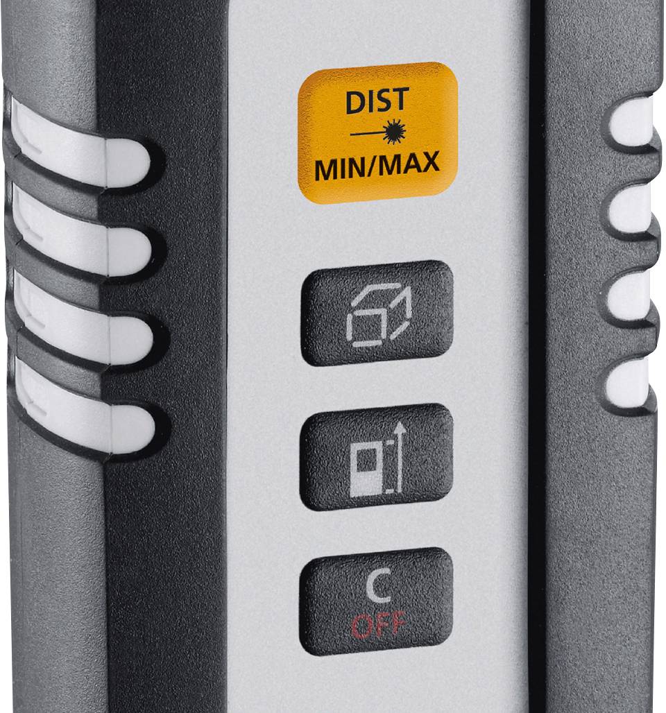 Digitaler Entfernungsmesser-Detailansicht mit Tastenbeschriftungen: 'DIST', 'MIN/MAX', und 'OFF'. Ziel- und Abstandsmessfunktionen.