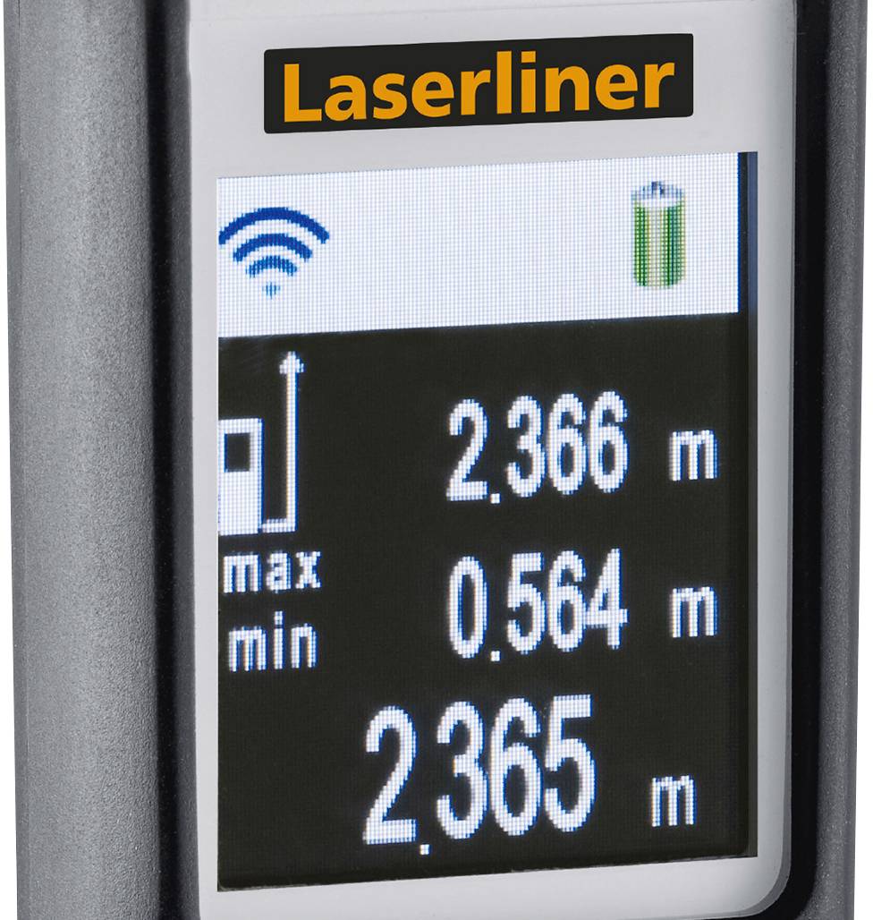 Digitale Laser-Distanzanzeige zeigt drei Zahlenwerte: 2.366 Meter, 0.564 Meter, 2.365 Meter; Symbole für WLAN und Batteriestand.