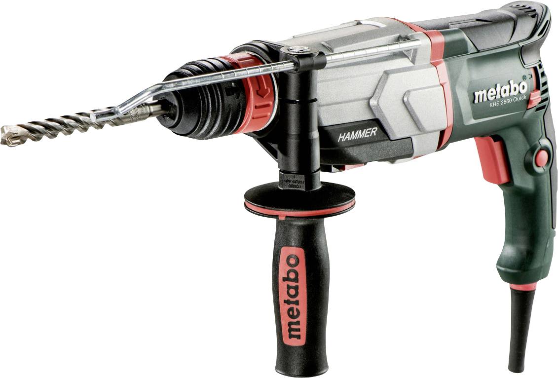 Metabo-Schlagbohrmaschine mit Seitenhiff und Bohrer auf weißem Hintergrund