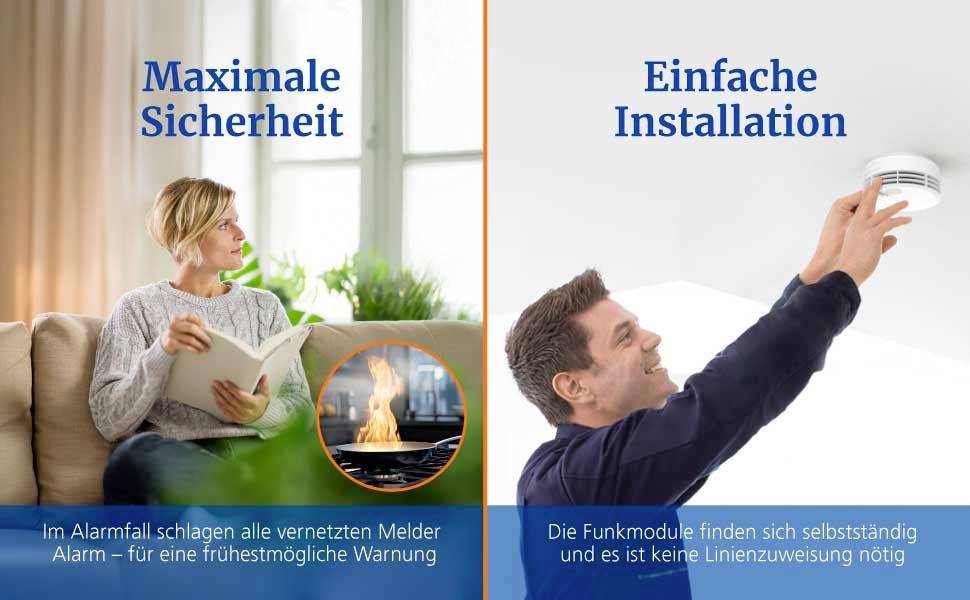 Eine Frau liest auf einer Couch in der Nähe eines beleuchteten Kamins, was ‚Maximale Sicherheit' hervorhebt. Ein Mann installiert einen Rauchmelder und betont ‚Einfache Installation'.