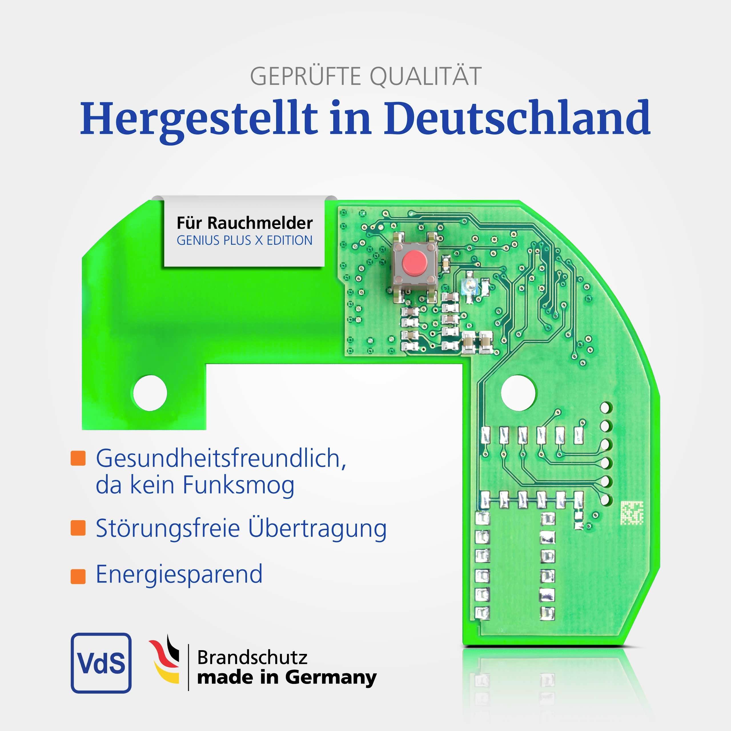 Elektronische Leiterplatte für Rauchmelder. Text lautet: 'Geprüfte Qualität, hergestellt in Deutschland. Gesundheitsfreundlich, störungsfrei, energiesparend.'