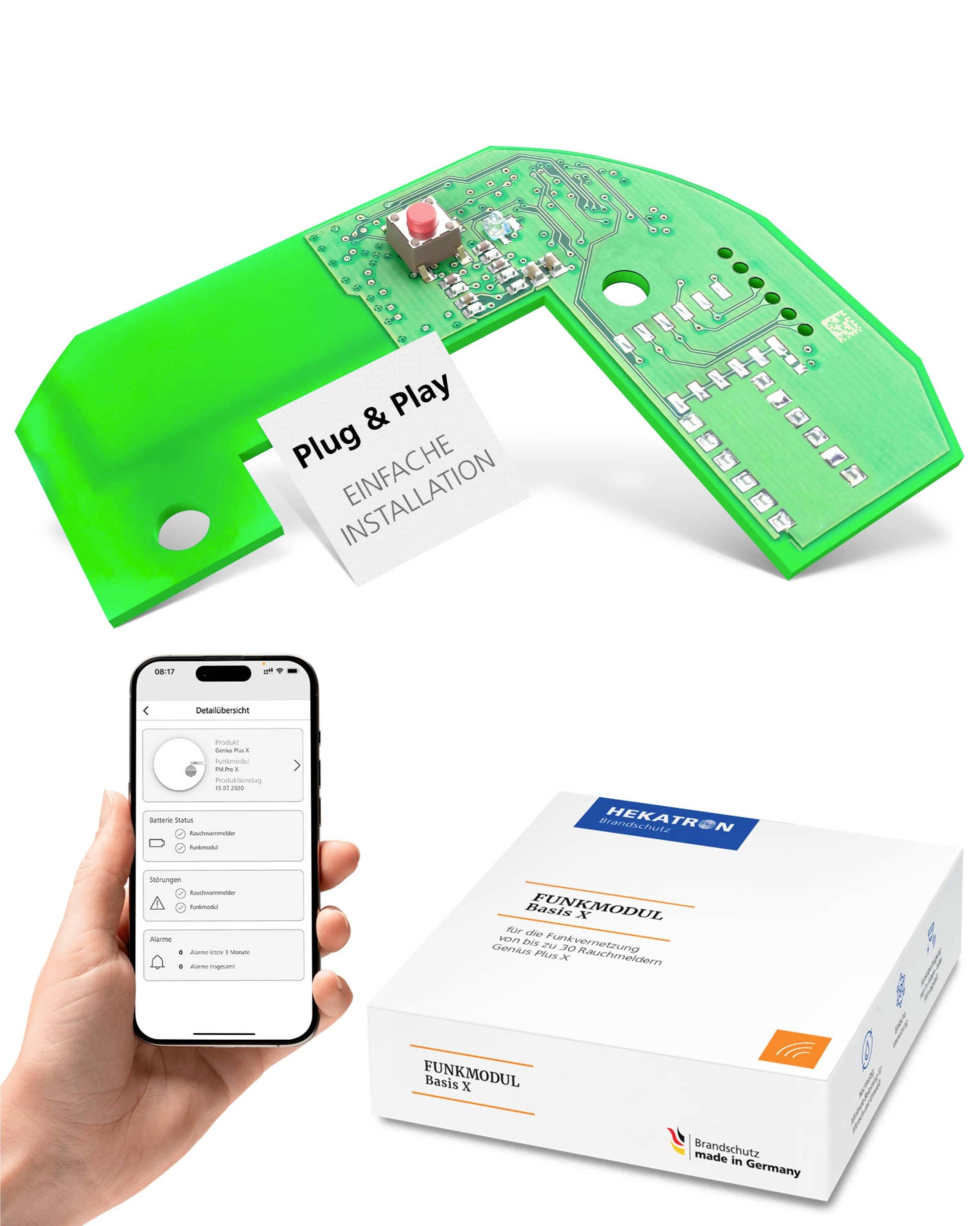 'Funkmodul Basis X' Gerät mit Leiterplatte, Plug-and-Play-Funktion, von einer Hand gehalten, dargestellt mit einer Telefon-App-Oberfläche und Produktverpackung.