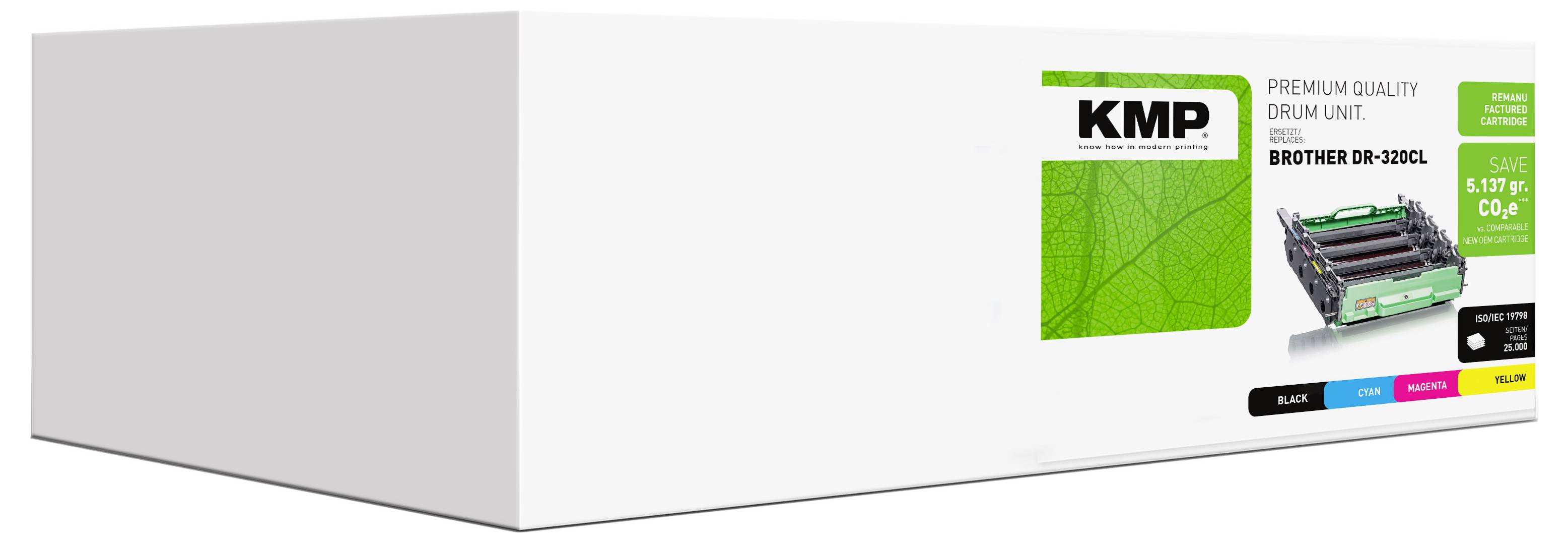 Weiße KMP Premium-Qualität Trommeleinheit Box mit der Bezeichnung "Brother DR-320CL" mit einem Druckerkartuschenabbildung und farbcodierten Symbolen.