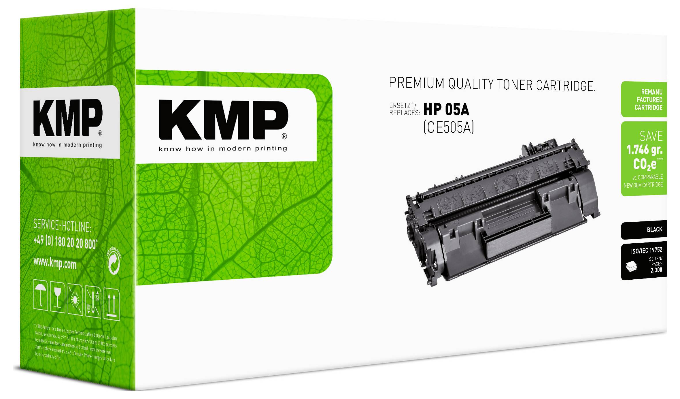 KMP Premium-Qualitäts-Tonerkartusche für HP 05A (CE505A), abgebildet mit schwarzem Kartuschenabbild und „Schwarz"-Etikett.