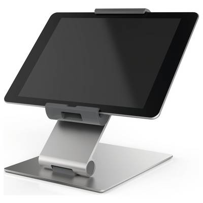 Ein silberner Tablet-Ständer hält ein schwarzes Tablet in aufrechter Position. Der Ständer hat ein modernes, minimalistisches Design.