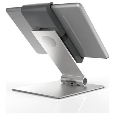 Hochwertiger silberner Tablet-Ständer mit verstellbarem Arm, der ein Tablet hält. Ideal für stabile und flexible Platzierung.