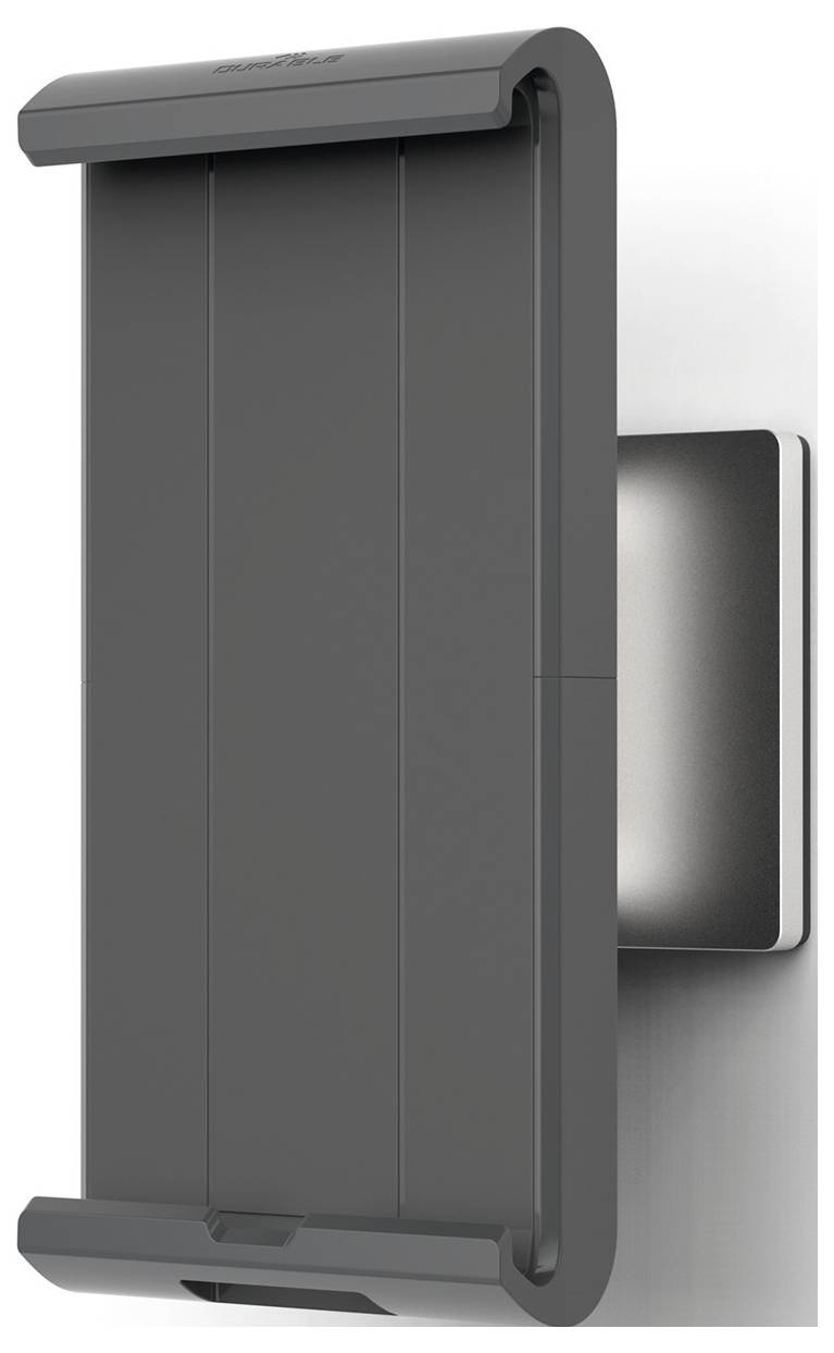 Ein grauer, wandmontierter Smartphone-Halter mit seitlichem Metallbügel, der das Gerät sicher in einer aufrechten Position hält.