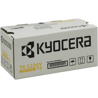 Eine Verpackung mit dem Aufdruck 'KYOCERA TK-5220Y Toner Kit Yellow', zeigt Symbole für Vorsicht, trocken lagern und zerbrechlich.