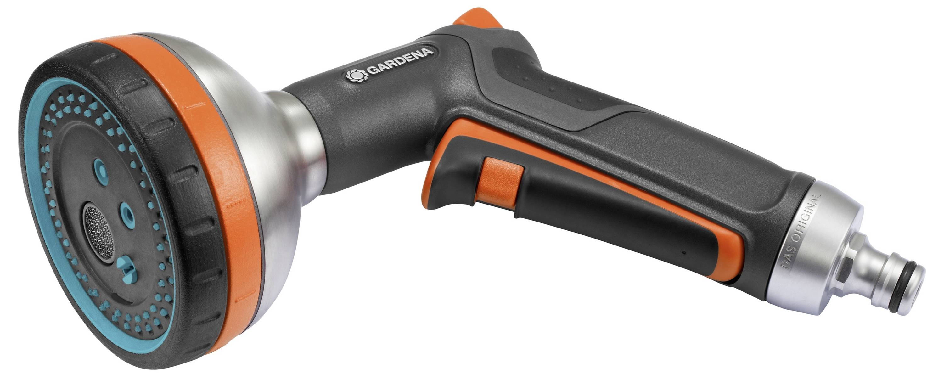 Gartendusche mit ergonomischem Griff, schwarzem und orangefarbenem Design, und mehreren Strahloptionen für Bewässerung.