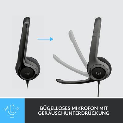 'Dunkler Kopfhörer mit flexiblem Bügelmikrofon. Text darunter: BÜGELLOSES MIKROFON MIT GERÄUSCHUNTERDRÜCKUNG.'