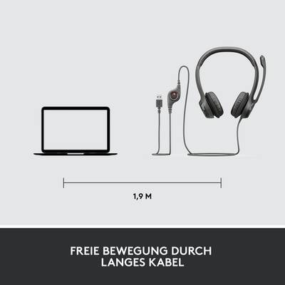Laptop und Kabel-Headset mit 1,9 m Länge. Text: 'Freie Bewegung durch langes Kabel'.