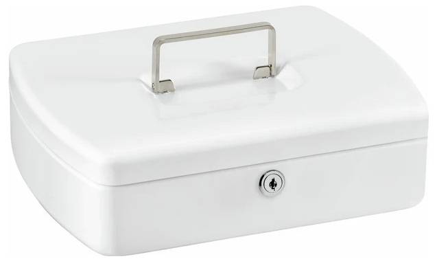 Eine weiße abschließbare Box mit einem Metallgriff auf dem Deckel, die zum sicheren Aufbewahren von Gegenständen verwendet wird.
