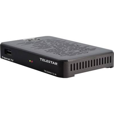 Eine kompakte schwarze Set-Top-Box mit der Aufschrift 'TELESTAR TELEMINT2 IR', versehen mit Lüftungsschlitzen und einem USB-Anschluss, die für digitale TV-Signale verwendet wird.