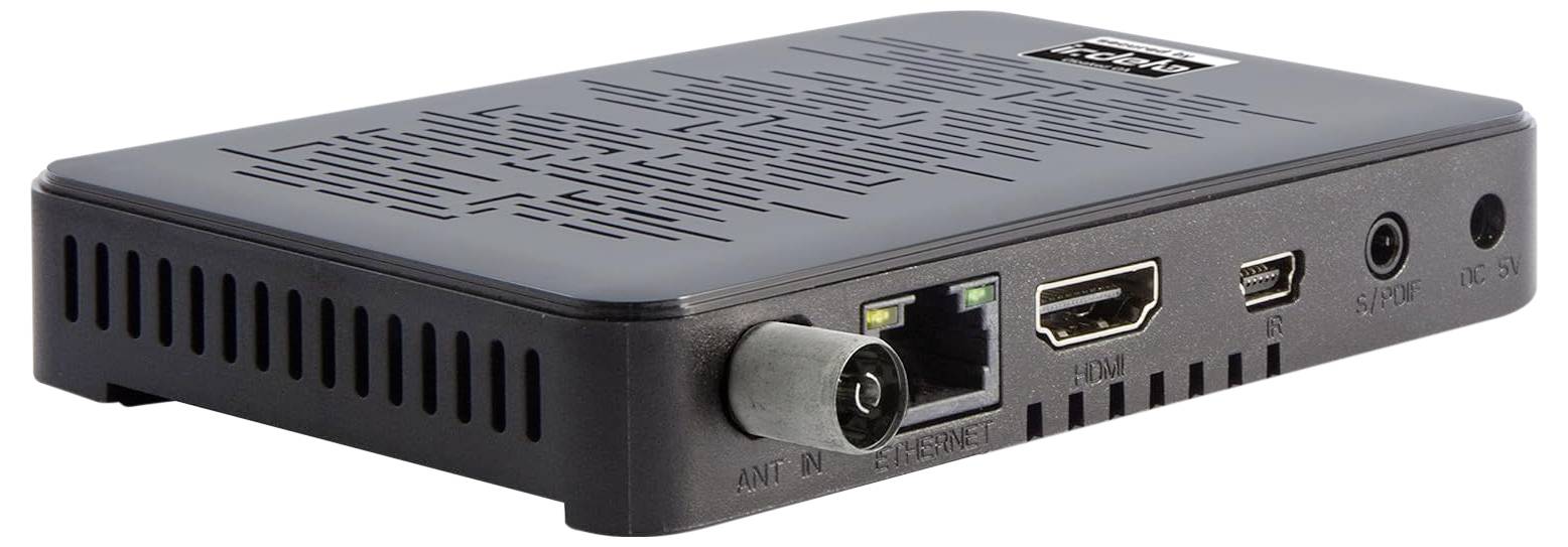 Eine schwarze Fernsehset-Top-Box mit Anschlüssen für ANT IN, Ethernet, HDMI, USB und Audio, von hinten betrachtet.