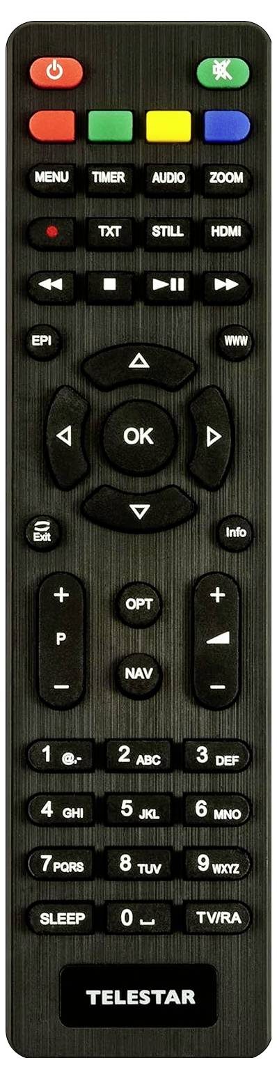 Eine schwarze Fernbedienung mit Tasten für Funktionen wie Ein/Aus, Lautstärke, Menü und Navigation. Am unteren Ende mit 'TeleStar' beschriftet.