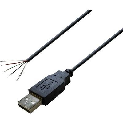 Ein geöffnetes USB-Kabel mit freiliegenden Drähten auf einer Seite und einem USB-Stecker auf der anderen.