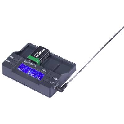'Alkalibatterie-Tester mit Display, zeigt den Zustand von Sektionen als 'voll' oder 'null', mit abgebildetem 9V Akku.'