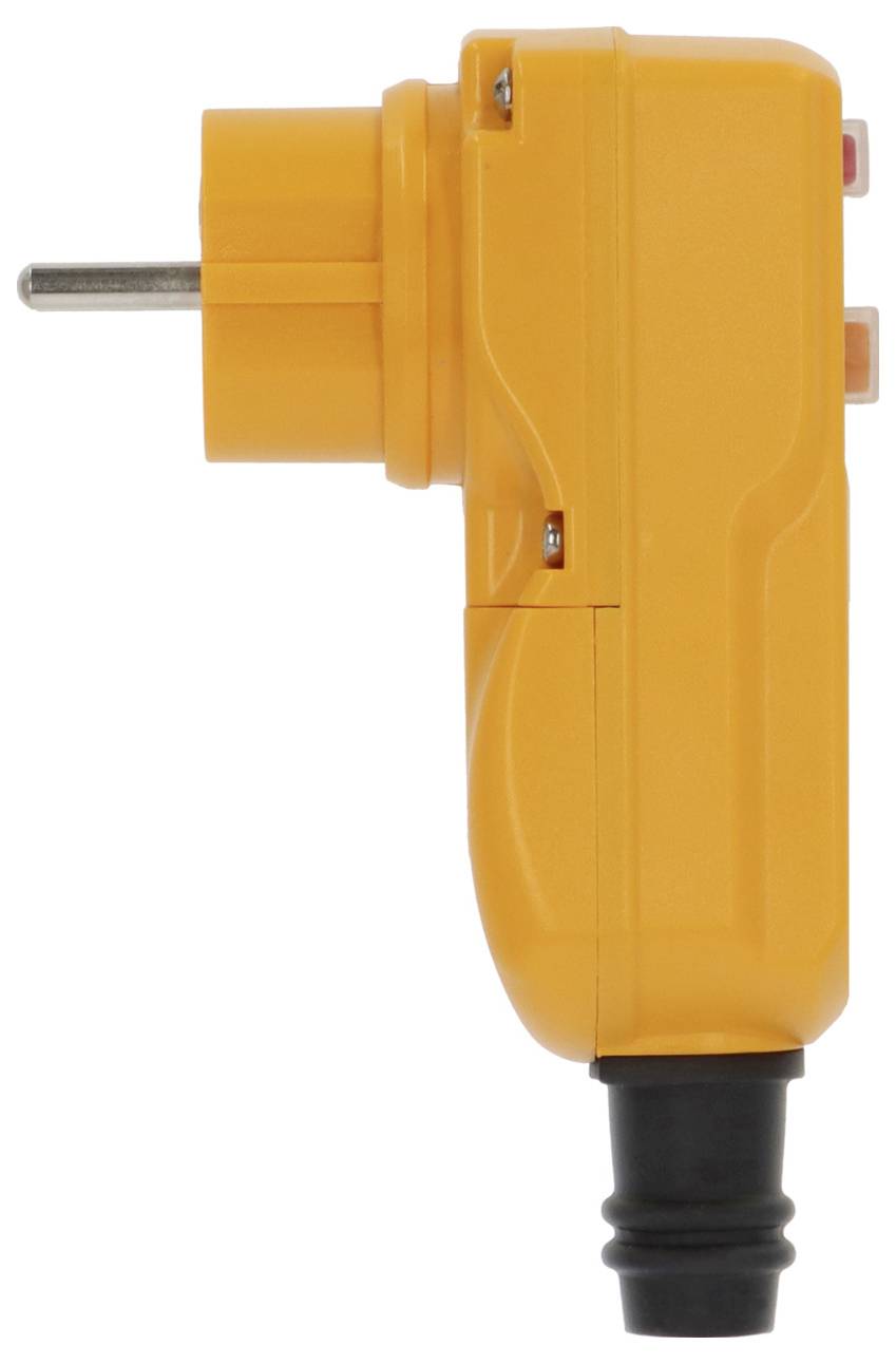 Orangefarbiger Stecker-Adapter mit rechtem Winkel, Metallkontakt und schwarzem Kabelstecker auf weißem Hintergrund.