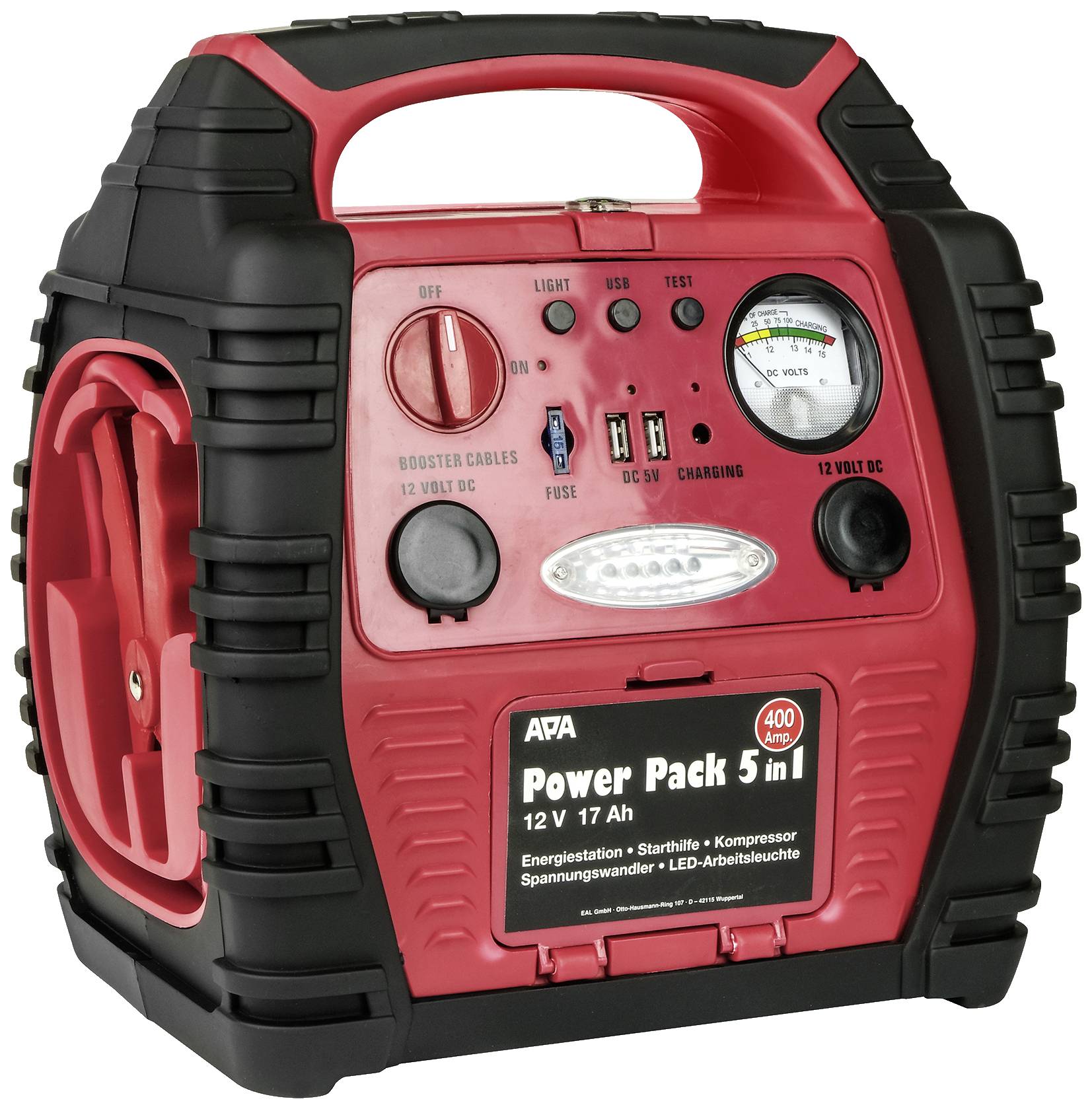 Rotes tragbares Power-Pack mit Volt- und Ampere-Messanzeige, Anschlüssen und Schaltknöpfen. Beschriftung: 'Power Pack 5 in 1, 12 V, 17 Ah'.
