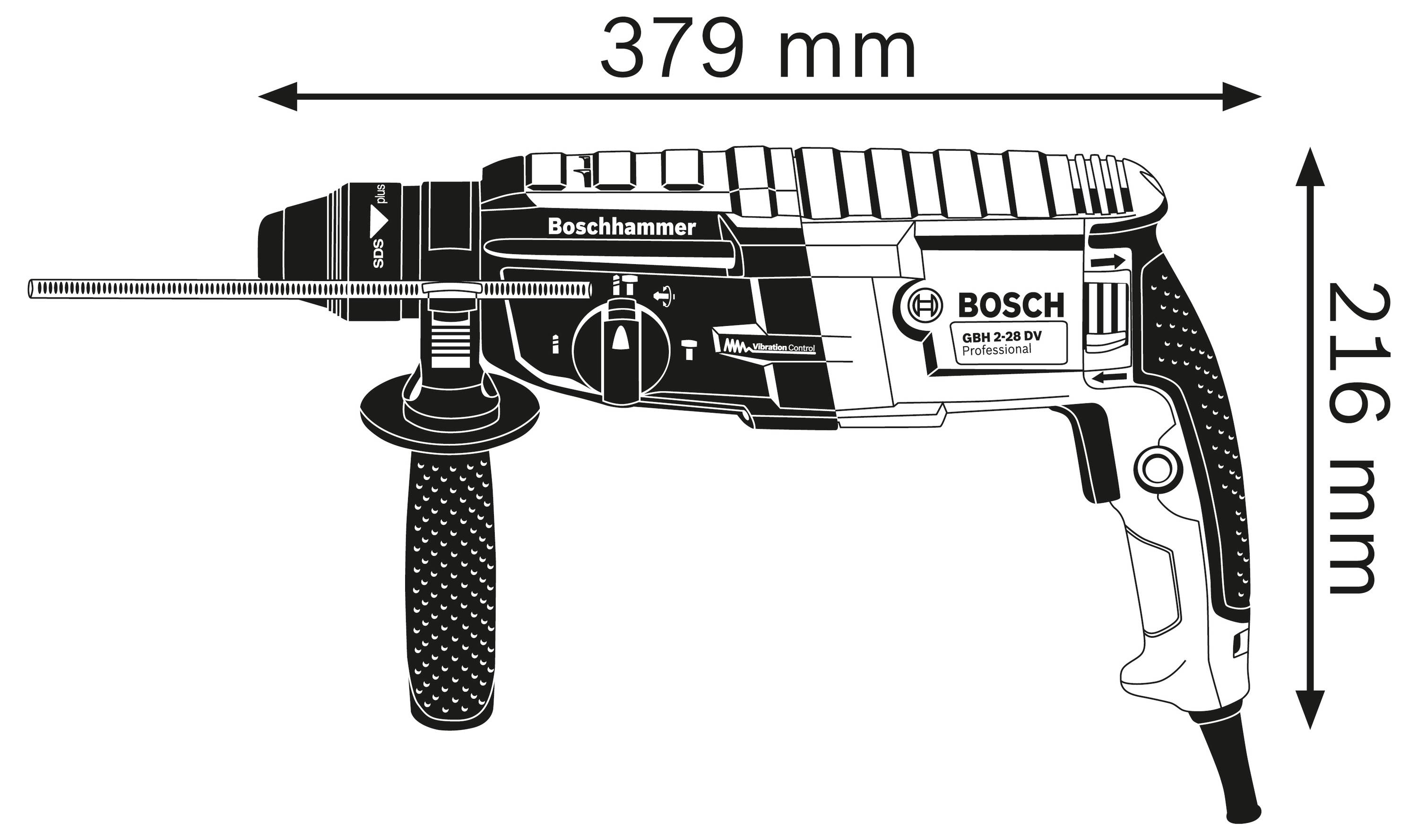 'Boschhammer GSB 2-28 DFV Professional', Bohrmaschine mit Seiten- und Tiefenanschlag, Maße 379 mm x 216 mm, schwarz-weiß Zeichnung.