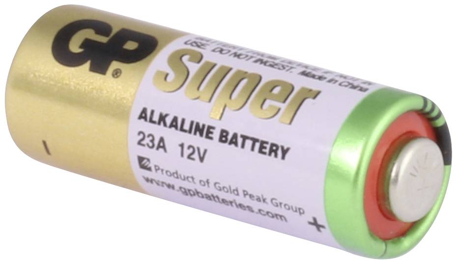 Eine 12V GP Super Alkaline Batterie Modell 23A mit goldfarbenem und weißem Gehäuse.