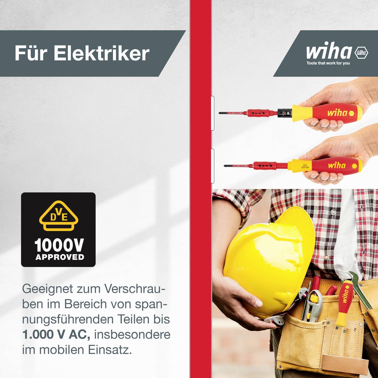 Ein Handwerker hält einen gelben Schutzhelm und einen roten Schraubendreher mit gelbem Griff, der mit Spannungsprüfung bis 1000V gekennzeichnet ist.