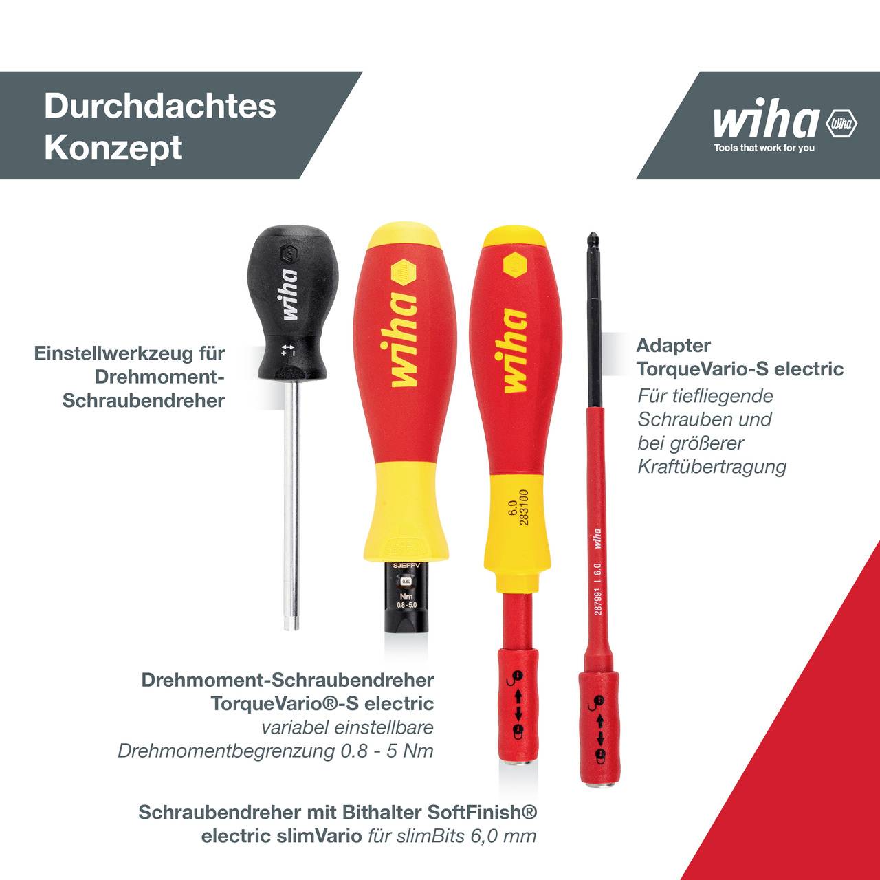 Einstellwerkzeug und Adapter von Wiha für Drehmoment-Schraubendreher TorqueVario. Enthält Sicherheits-TorqueVario und SoftFinish Griff.