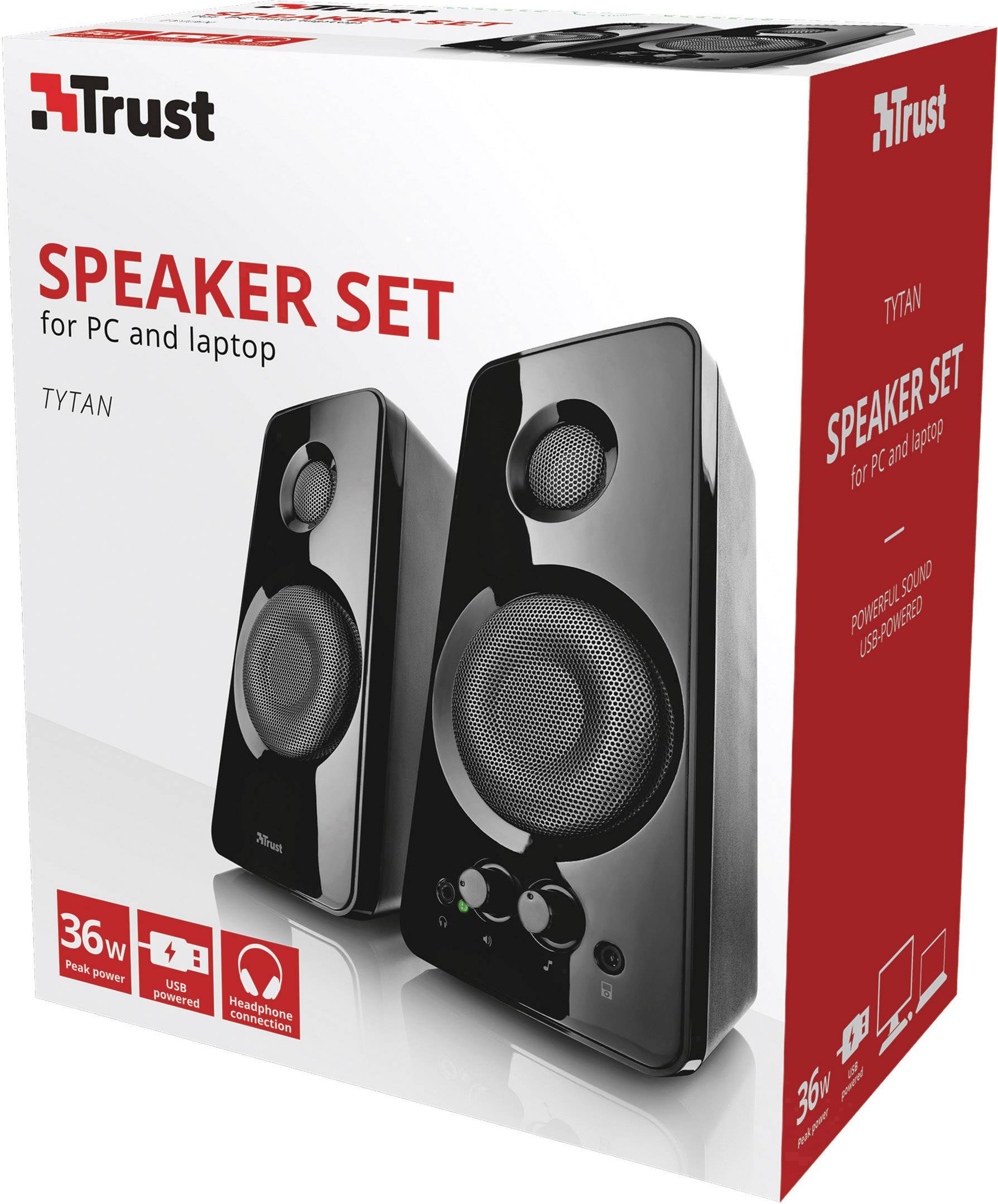 Verpackung eines Lautsprechersets der Marke Trust. Abgebildet sind zwei schwarze Lautsprecher mit Text: '36W, USB-Stromversorgung'.