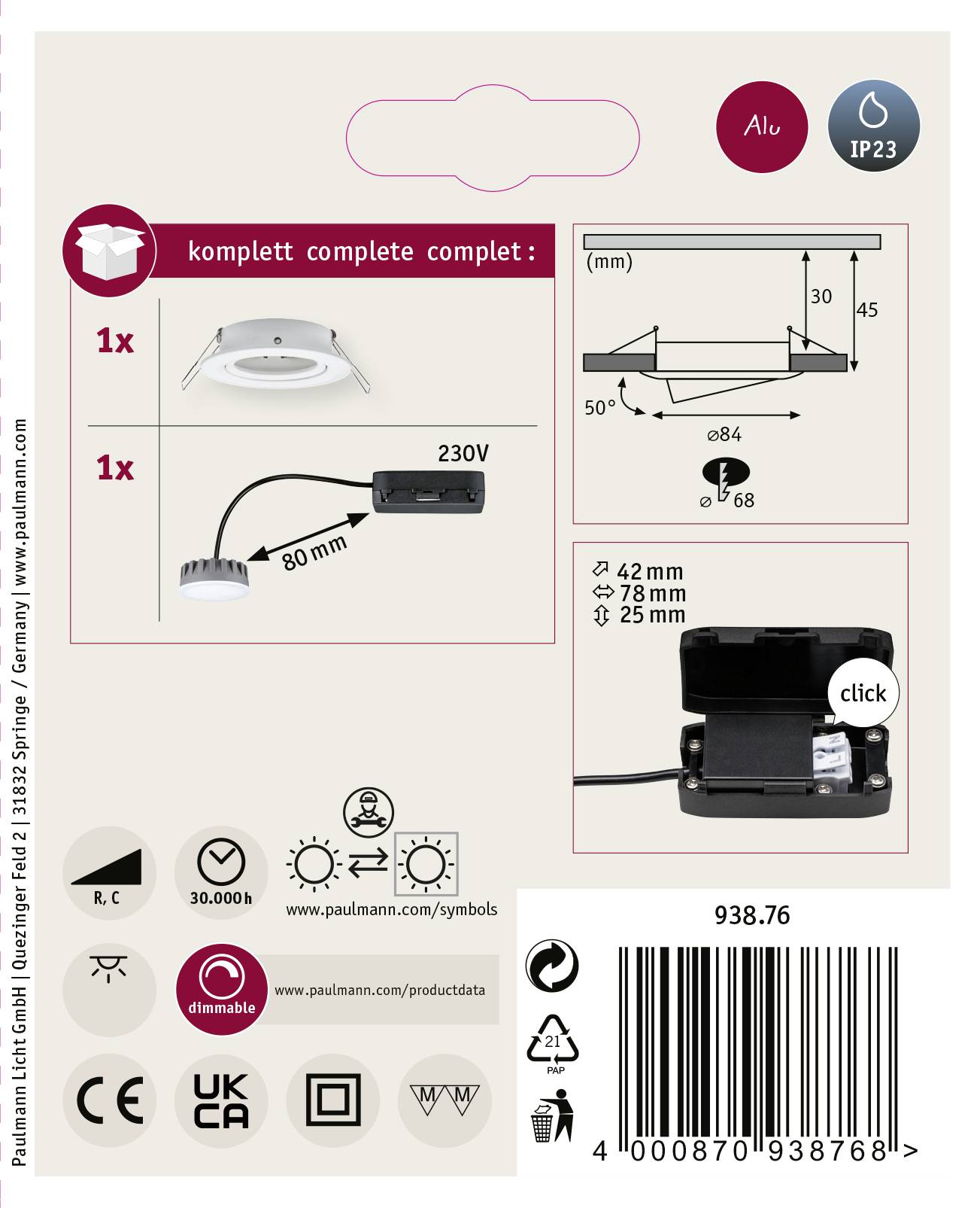 'LED-Einbauleuchte Set', mit Transformator, Maße: 80 mm Durchmesser, 1x LED, dimmbar, IP23, Energieeffizienzklasse A+, 230V Anschluss.