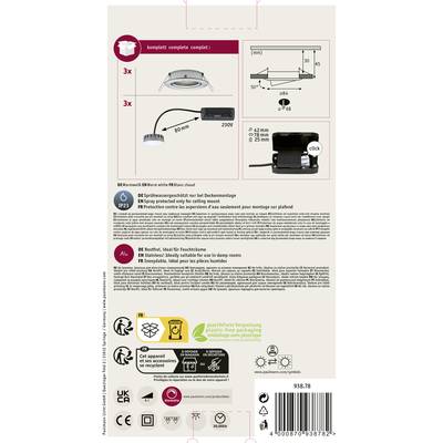 Verpackungsrückseite einer Lampe: zeigt Montageanleitung mit Abmessungen und Zubehörteilen. Hinweise in Deutsch und Französisch.