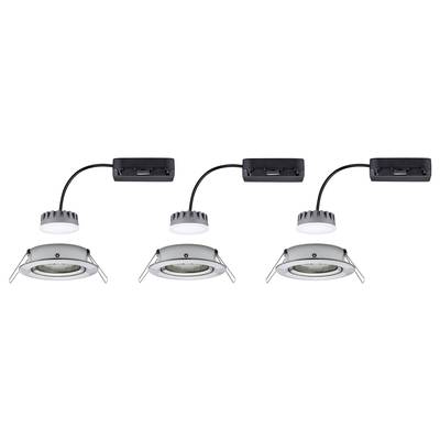 'Drei LED-Einbaustrahler mit Stromanschlusskabeln und Montagerahmen, in der Ansicht von oben und seitlich.'