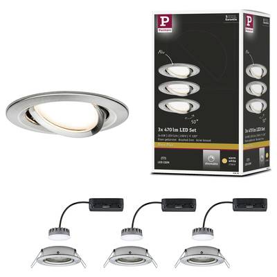 Ein Set von drei schwenkbaren LED-Einbaustrahlern mit 470 Lumen, verpackt in einer Box. Geeignet für Wohnräume, in Silber gebürstet.