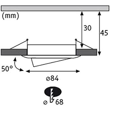'Diagramm eines schräg eingebauten Lichtmoduls. Maße: Durchmesser 84 mm, Einbautiefe 30 mm, äußere Höhe 45 mm, Neigungswinkel 50 Grad.'