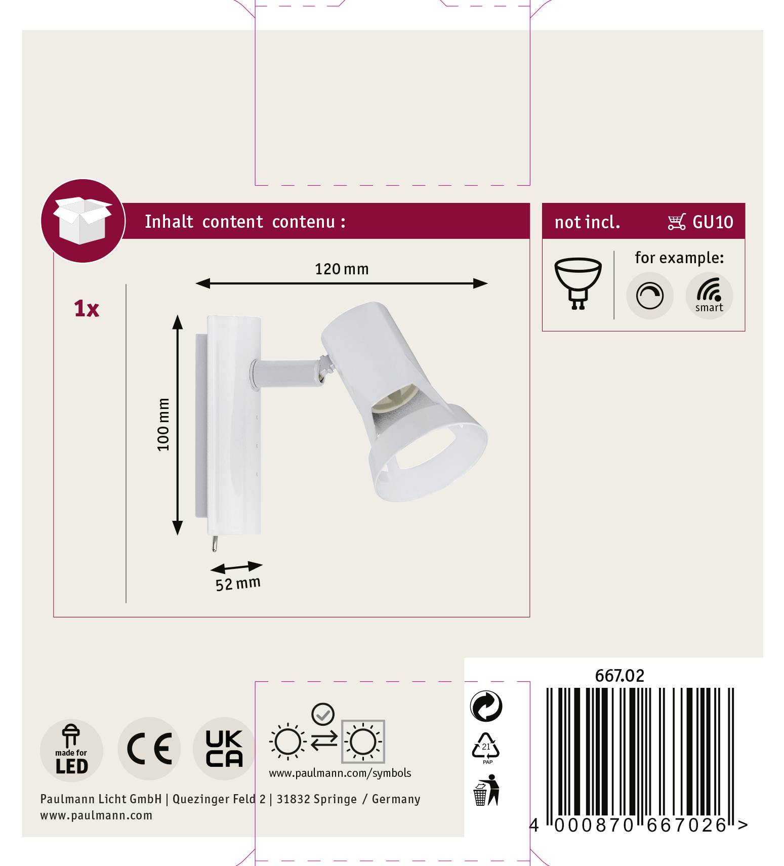 Verpackung einer LED-Wandleuchte in Weiß, geeignet für GU10-Lampen. Maße: 120 mm lang, 100 mm hoch, 52 mm tief. Energiesparend.