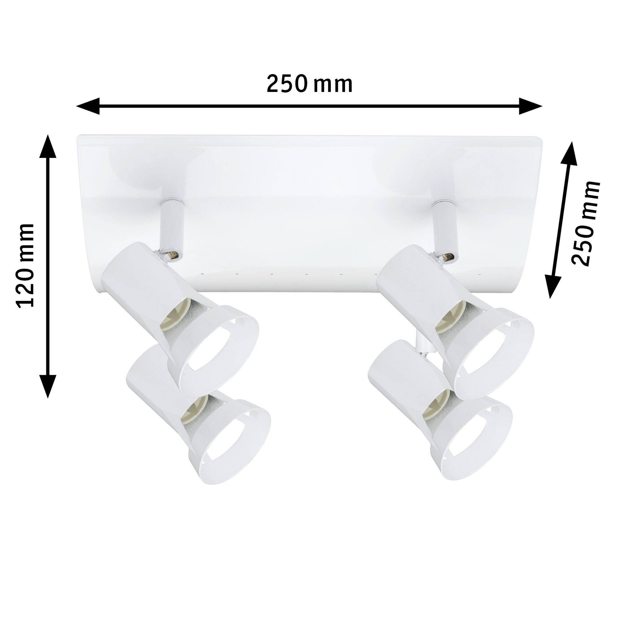Weiße Deckenlampe mit vier verstellbaren Spots. Länge 250 mm, Breite 120 mm, Höhe 250 mm. Perfekt für gezielte Beleuchtung.