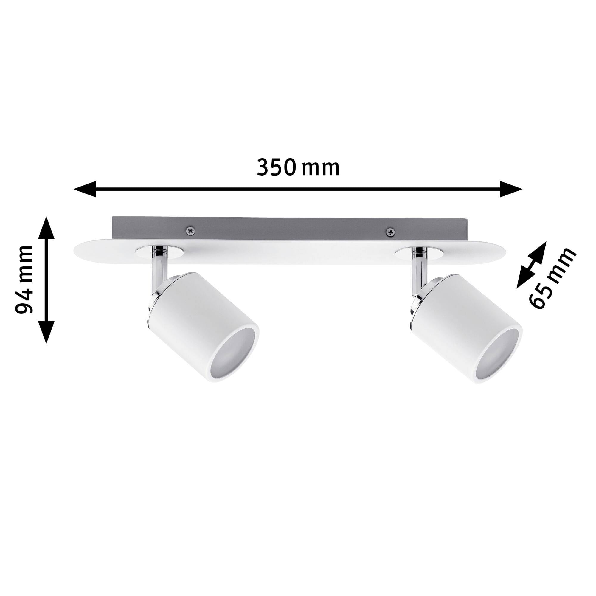 Deckenleuchte mit zwei weißen Strahlern, Maße: Breite 350 mm, Höhe 94 mm, Durchmesser der Strahler 65 mm.
