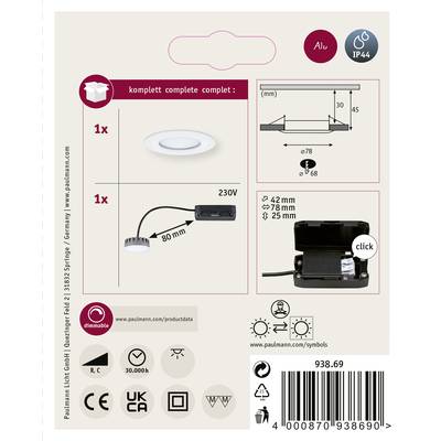 Verpackungsrückseite mit Informationen zu einer runden LED-Leuchte: 1x LED-Leuchte, IP44, 230V, Ø78mm Ausschnitt, Einbautiefe 25mm, Schutzklasse II.