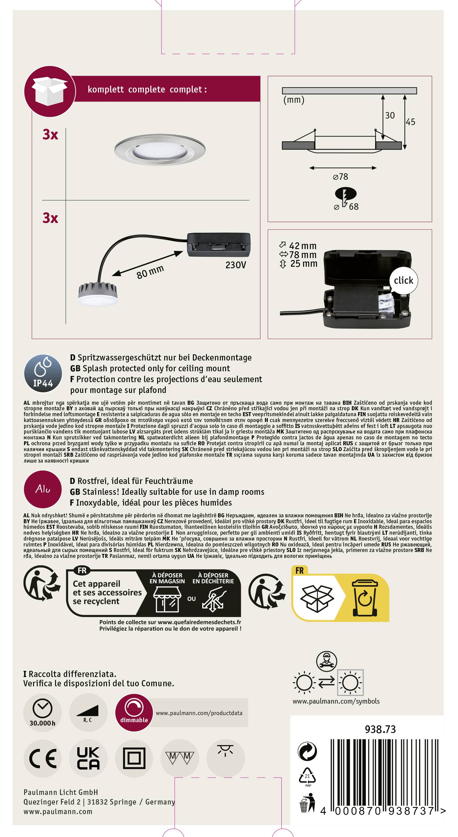 Verpackung eines LED-Deckenleuchten-Sets. Enthält Anweisungen zur Montage und Sicherheitsinformationen. Stromverbrauch: 3 x 5 W.