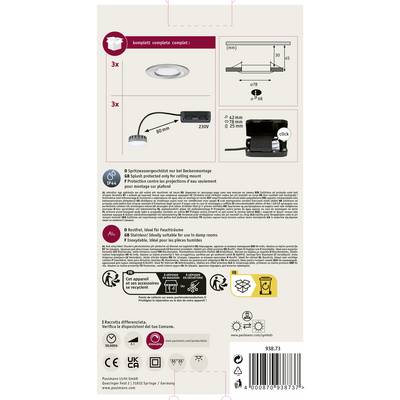 Verpackung eines LED-Deckenleuchten-Sets. Enthält Anweisungen zur Montage und Sicherheitsinformationen. Stromverbrauch: 3 x 5 W.
