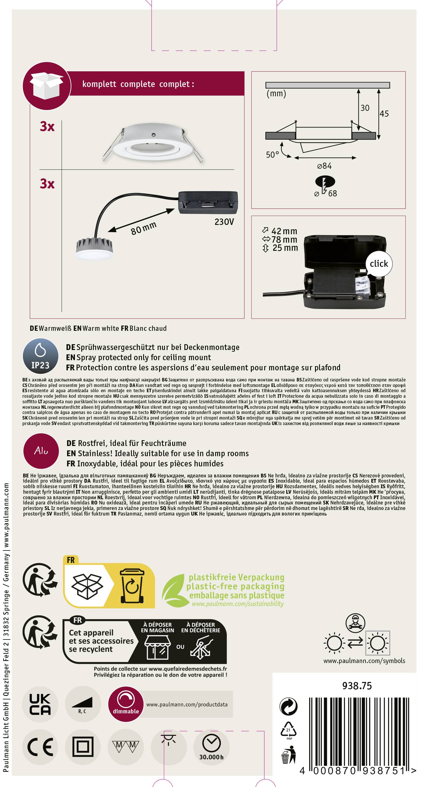 'Deckenleuchte Set', enthält 3 LED-Leuchten mit je 3 Watt, IP23, dimmbar, inklusive Montagematerial, geeignet für Feuchträume.