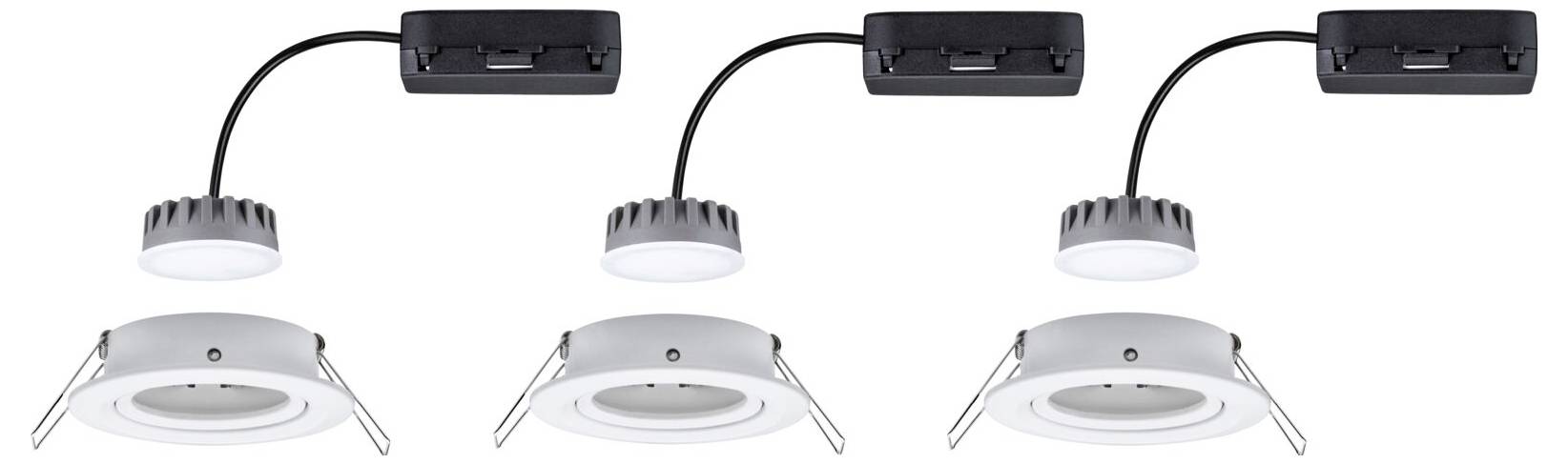 Drei runde LED-Einbauleuchten mit schwarzen Anschlusskästen, verbunden durch Kabel, auf weißem Hintergrund.