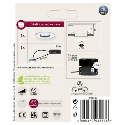 'LED Einbauleuchte Set', 1x warmweiß, 230V, IP65, Einbauöffnung: 68 mm, Einbautiefe: 25 mm. Kunststoffverpackung, symbollos.