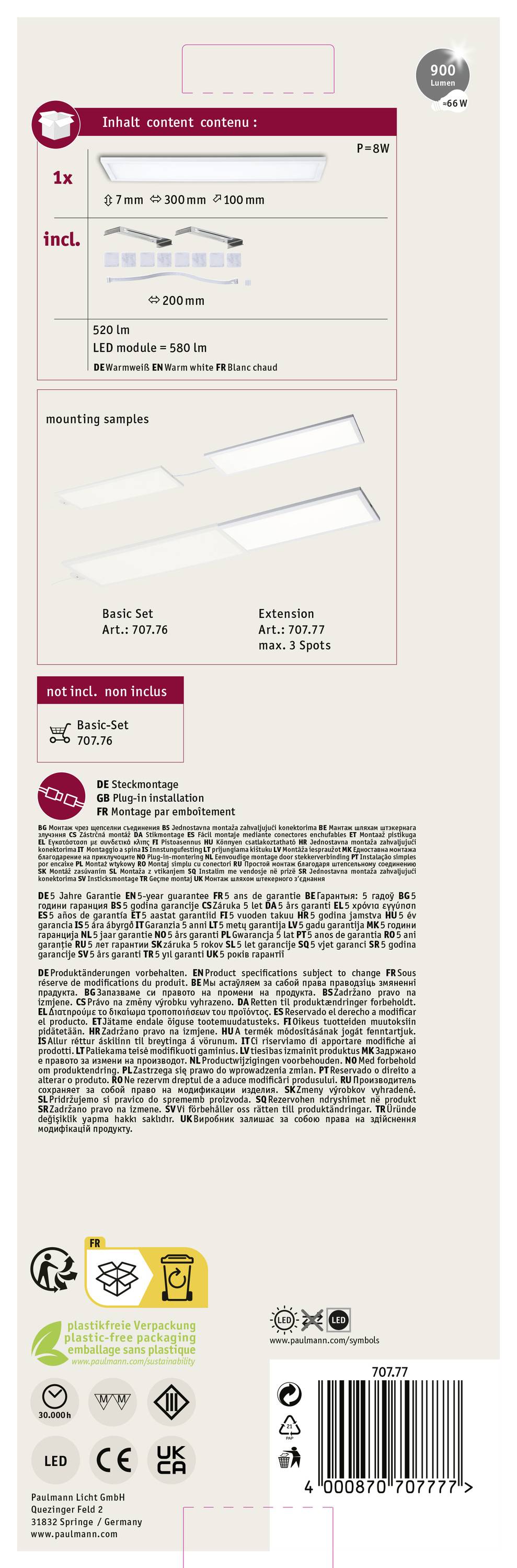 Verpackungsrückseite eines LED-Produkts mit technischen Spezifikationen, Montageanleitung, Herstellerlogos und Barcodes.