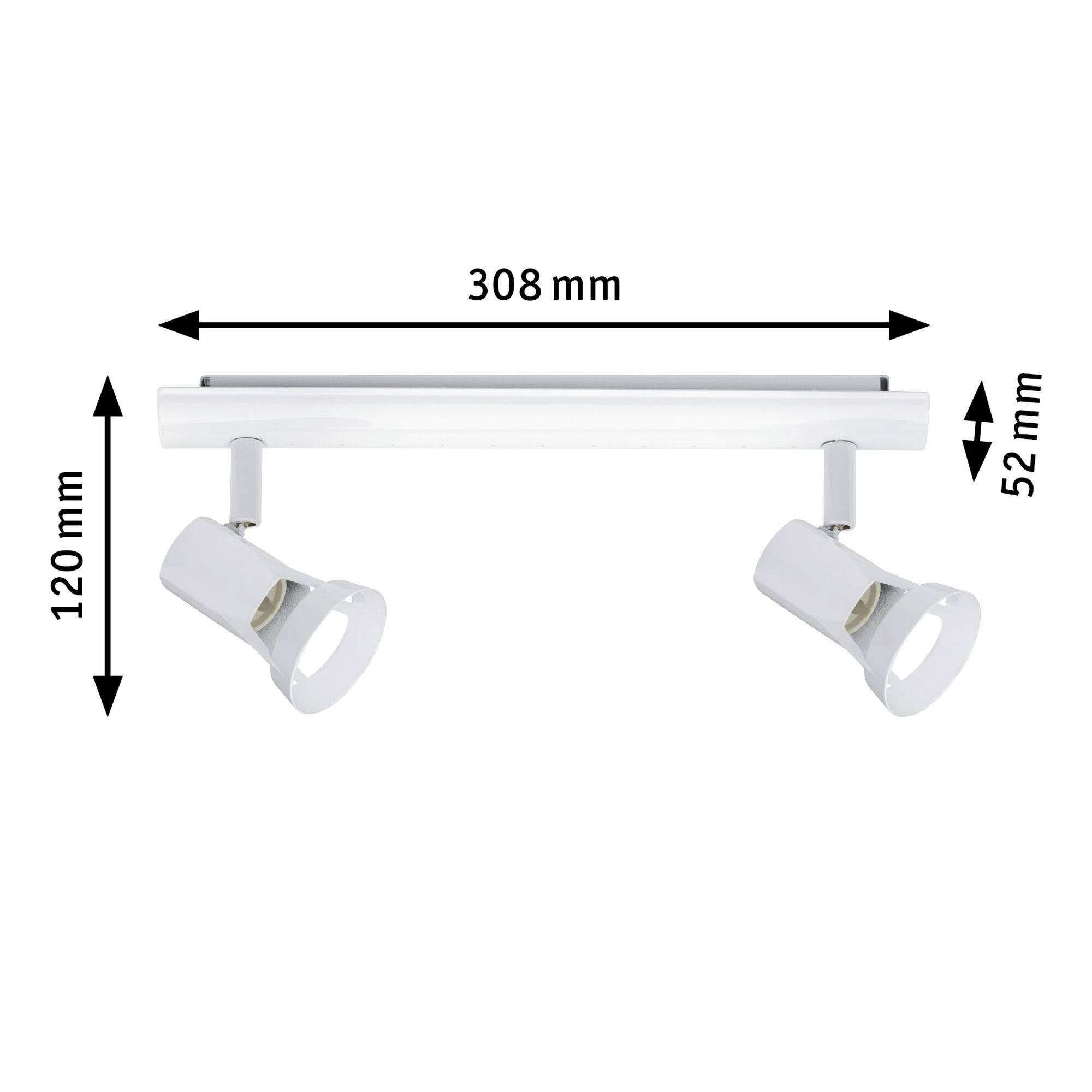 'Zwei verstellbare, weiße Spotlights an einer 308 mm breiten Halterung. Gesamthöhe 120 mm, Spotlampen 52 mm lang.'